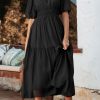 Black Puff Sleeve Pleated High Waist Flowy Midi Dress