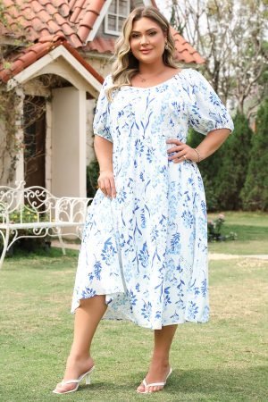 Sky Blue Floral Print Sweetheart Neck Plus Size Midi Dress - Image 7