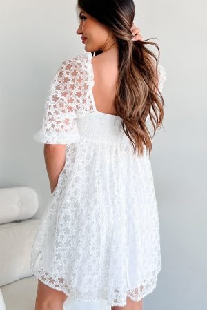 White Floral Lace Puff Sleeve Empire Waist Mini Dress - Image 3