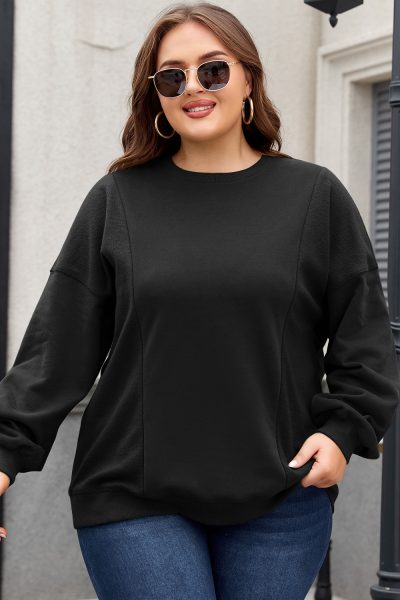 Black Loose Patchwork Crewneck Plus Size Sweatshirt