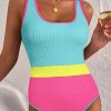 Iceland Blue Textured Color Block Patchwork One Piece Swimsuit