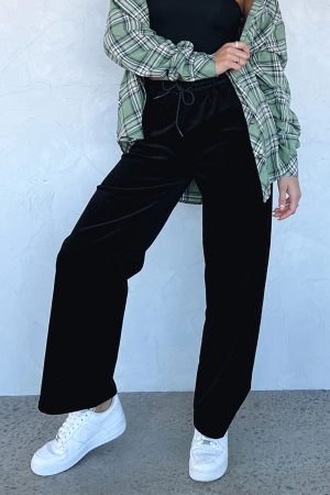 Black Solid Drawstring Waist Wide Leg Pants - Image 5