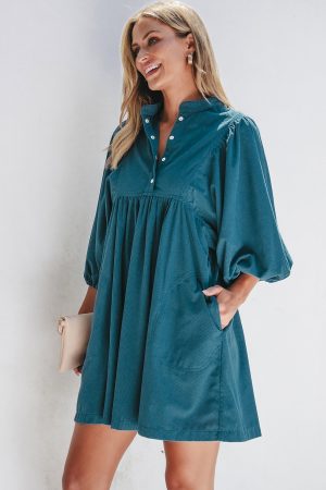 Blue Corduroy Snap Buttons Empire Waist Bracelet Sleeve Dress - Image 3