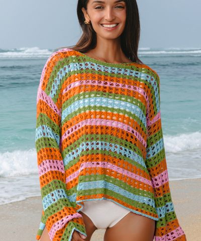 Carrot Multi Stripe Open Knit Sweater Beach Cover Up