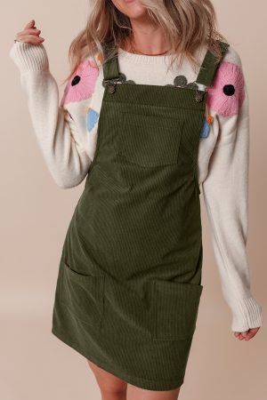 Vineyard Green Solid Front Pockets Sleeveless Corduroy Overall Dress - Image 4