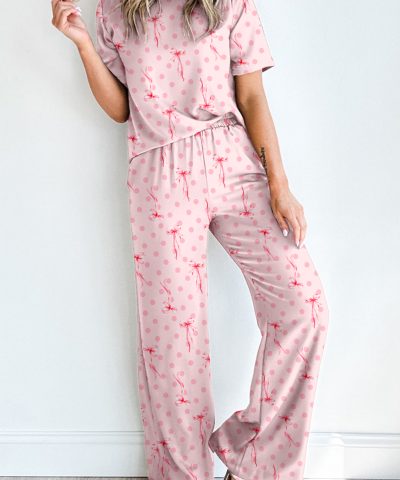 Pink Bow Knot Polka Dot Print Short Sleeve Top Lounge Set