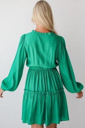 Sea Green Frilly V Neck Puff Sleeve Drawstring Shift Mini Dress - Image 4