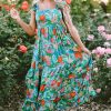 Green Floral Print Sleeveless Ruffle Tiered Maxi Dress