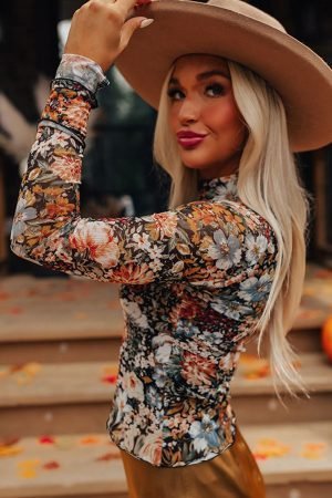 Brown Floral Long Sleeve High Neck Sheath Mesh Blouse - Image 2