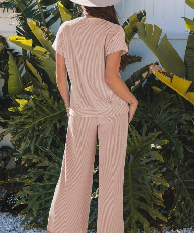 Smoke Gray Solid Corded Knit Short Sleeve T Shirt and Wide Leg Pants Set