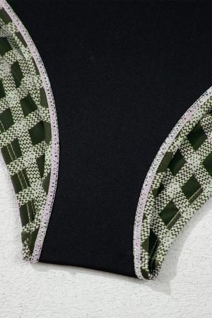 Green Dotted Mesh Plaid Patchwork High Waisted Bikini - Image 7