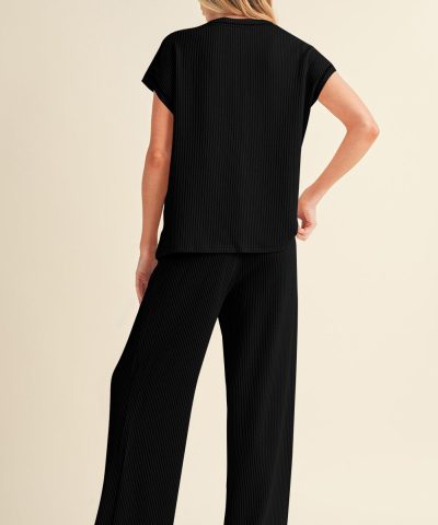 Black Solid Color Corded Short Sleeve Top and Casual Pants Set