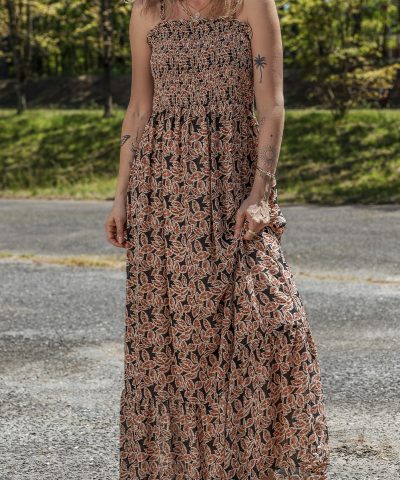 Brown Floral Smocked Bodice High Waist Flowy Sun Dress
