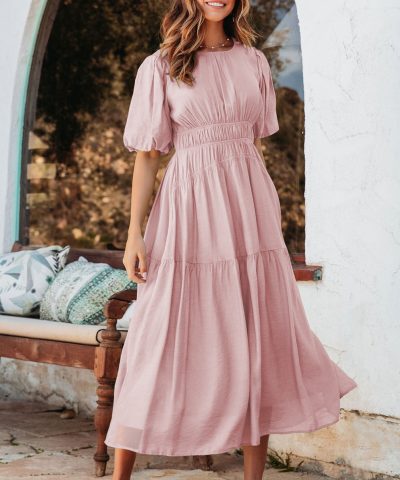 Pink Puff Sleeve Pleated High Waist Flowy Midi Dress