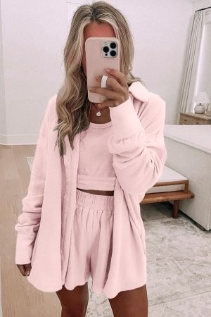 Light Pink 3 Pcs Crop Tank Top Shorts with Cardigan Lounge Set - Image 2