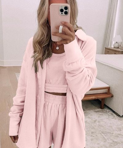 Light Pink 3 Pcs Crop Tank Top Shorts with Cardigan Lounge Set