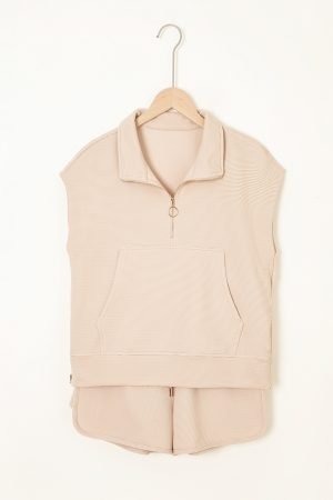 Parchment Textured Half Zip Kangaroo Pocket Top Drawstring Shorts Set - Image 5