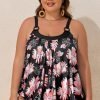 Black 2pcs Plus Size Wide Strap Floral Top Tankini Set