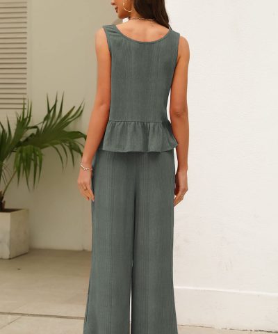 Duffel Green Solid Color Ribbed Ruffle Tank Top and Pants Set