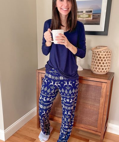 Blue Solid Top and Christmas Pants Two Piece Lounge Set