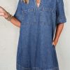 Blue Short Sleeve Collared Patched Pocket Denim Mini Dress