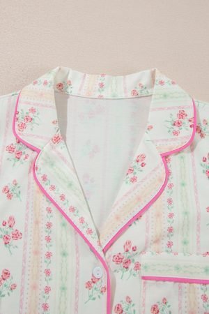 Beige Floral Print Contrast Pipping Short Pajamas Set - Image 4