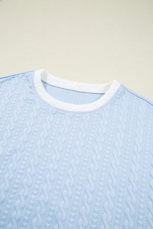 Beau Blue Contrast Trim Textured Crewneck Tee and Pocketed Skirt Set - Image 9