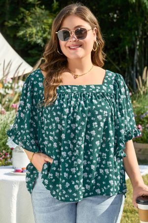 Green Floral Print Square Neck Ruffled Trim Plus Size Blouse - Image 5