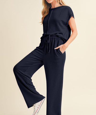 Navy Blue Solid Color Corded Short Sleeve Top and Casual Pants Set