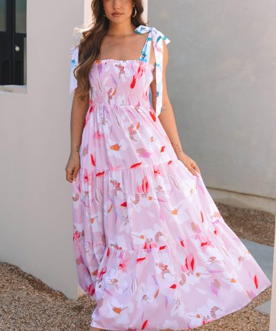 Pink Floral Print Knotted Shoulder Smocked Maxi Dress