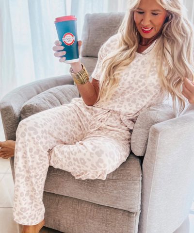 Beige Cheetah V Neck Tee and Pants Lounge Set