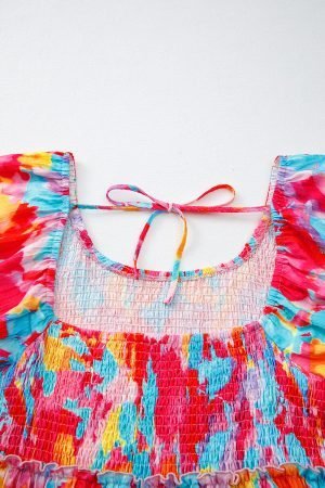 Rose Abstract Printed Puff Sleeve Square Neck Smocked Bust Tied Back Plus Size Dress - Image 7