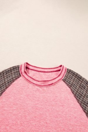 Pink Checkered Paisley Patchwork Raglan Sleeve Seamed Plus Size Top - Image 8