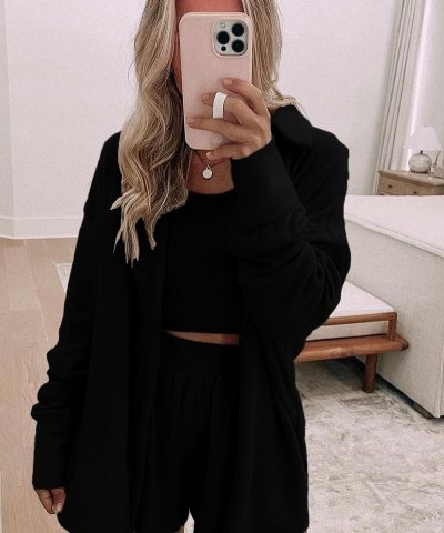 Black 3 Pcs Crop Tank Top Shorts with Cardigan Lounge Set