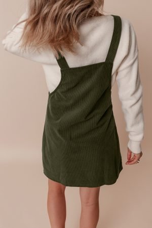 Vineyard Green Solid Front Pockets Sleeveless Corduroy Overall Dress - Image 3