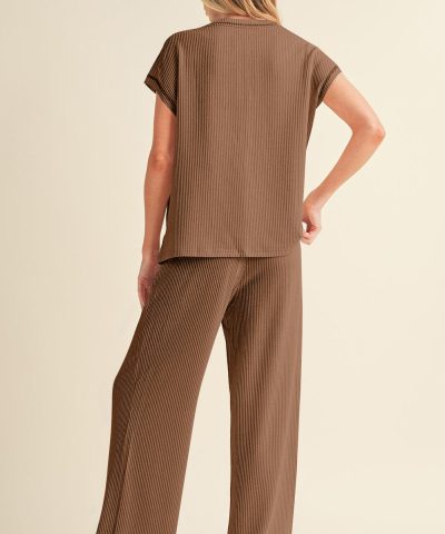 Coffee Solid Color Corded Short Sleeve Top and Casual Pants Set