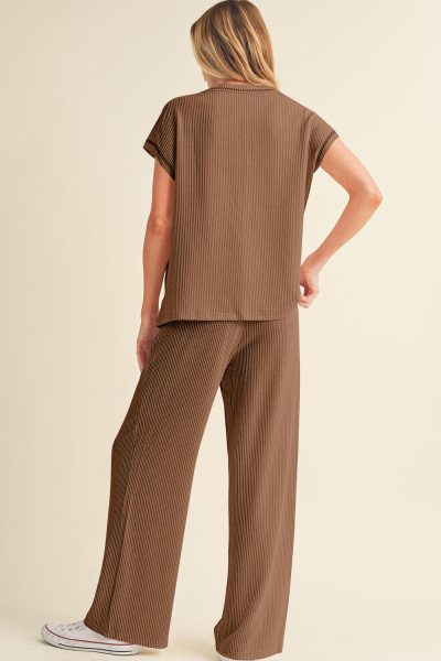 Coffee Solid Color Corded Short Sleeve Top and Casual Pants Set