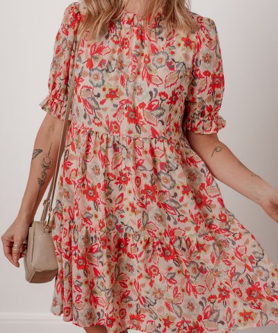 Multicolour Floral Print Frilled Neck Puff Sleeve High Waist Dress