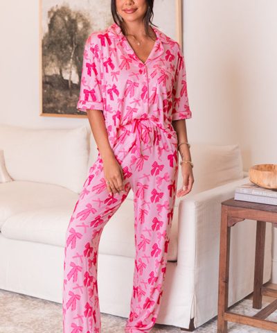 Pink Bow Knot Print Lapel Collar Short Sleeve and Pants Pajamas Set
