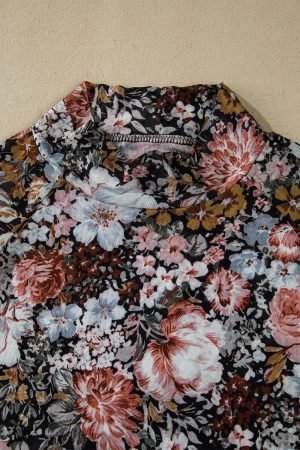 Brown Floral Long Sleeve High Neck Sheath Mesh Blouse - Image 7