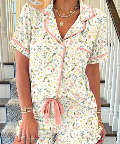 White Floral Print Contrast Pipping Short Pajamas Set