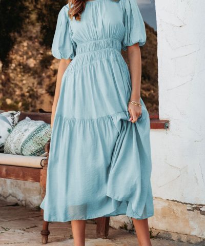 Light Blue Puff Sleeve Pleated High Waist Flowy Midi Dress
