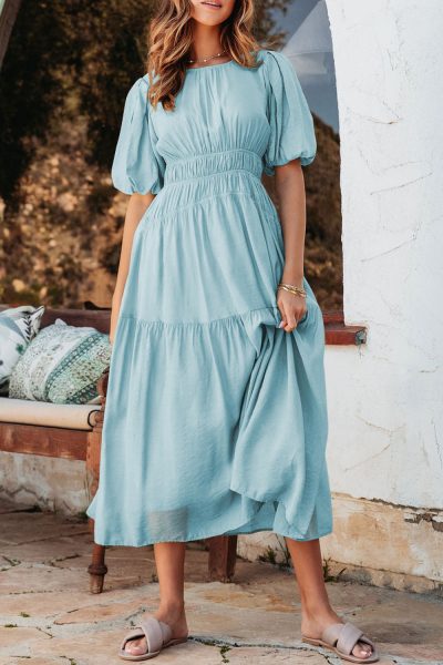 Light Blue Puff Sleeve Pleated High Waist Flowy Midi Dress