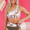 Khaki Abstract Print One Shoulder Ring Linked High Waist Bikini