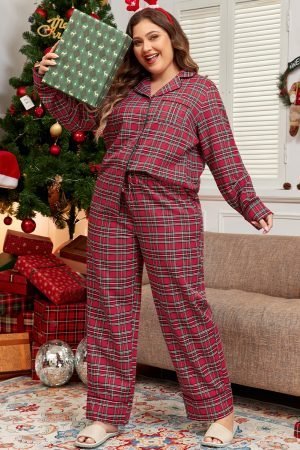 Red Plaid Printed Shirt and Pants Plus Size Lounge Set - Image 4