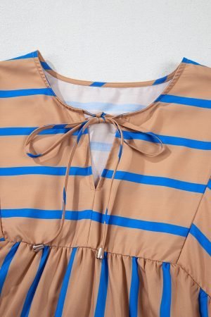 Khaki Stripe Contrast Striped Print 3/4 Sleeve Babydoll Plus Size Dress - Image 10