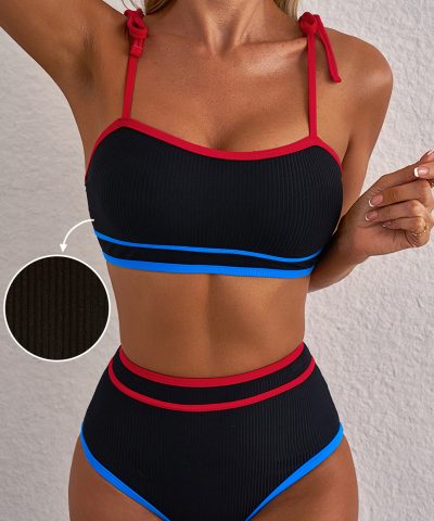 Black Triple Color Trimmed High Waist Bikini Set