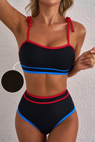 Black Triple Color Trimmed High Waist Bikini Set