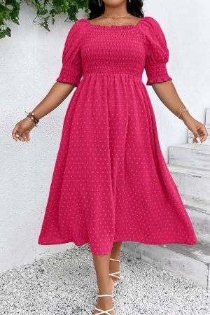 Sachet Pink Swiss Dot Smocked Frilled Neckline Short Sleeve Plus Size Dress - Image 4