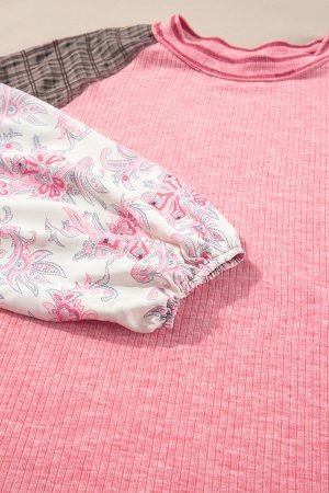 Pink Checkered Paisley Patchwork Raglan Sleeve Seamed Plus Size Top - Image 10